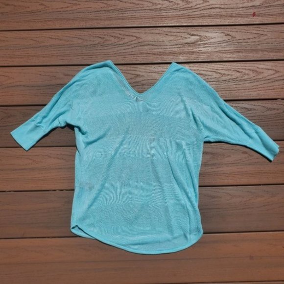 Express Aqua Blue Sweater Dolman Sleeve V Neck Open Knit Stripe Preppy Casual XS - Picture 2 of 7